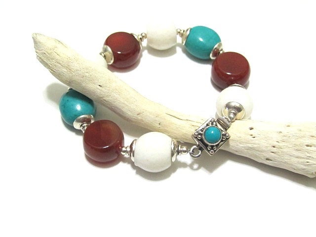 Southwest Bracelet Turquoise Carnelian White Coral Chunky Across the Border Collection