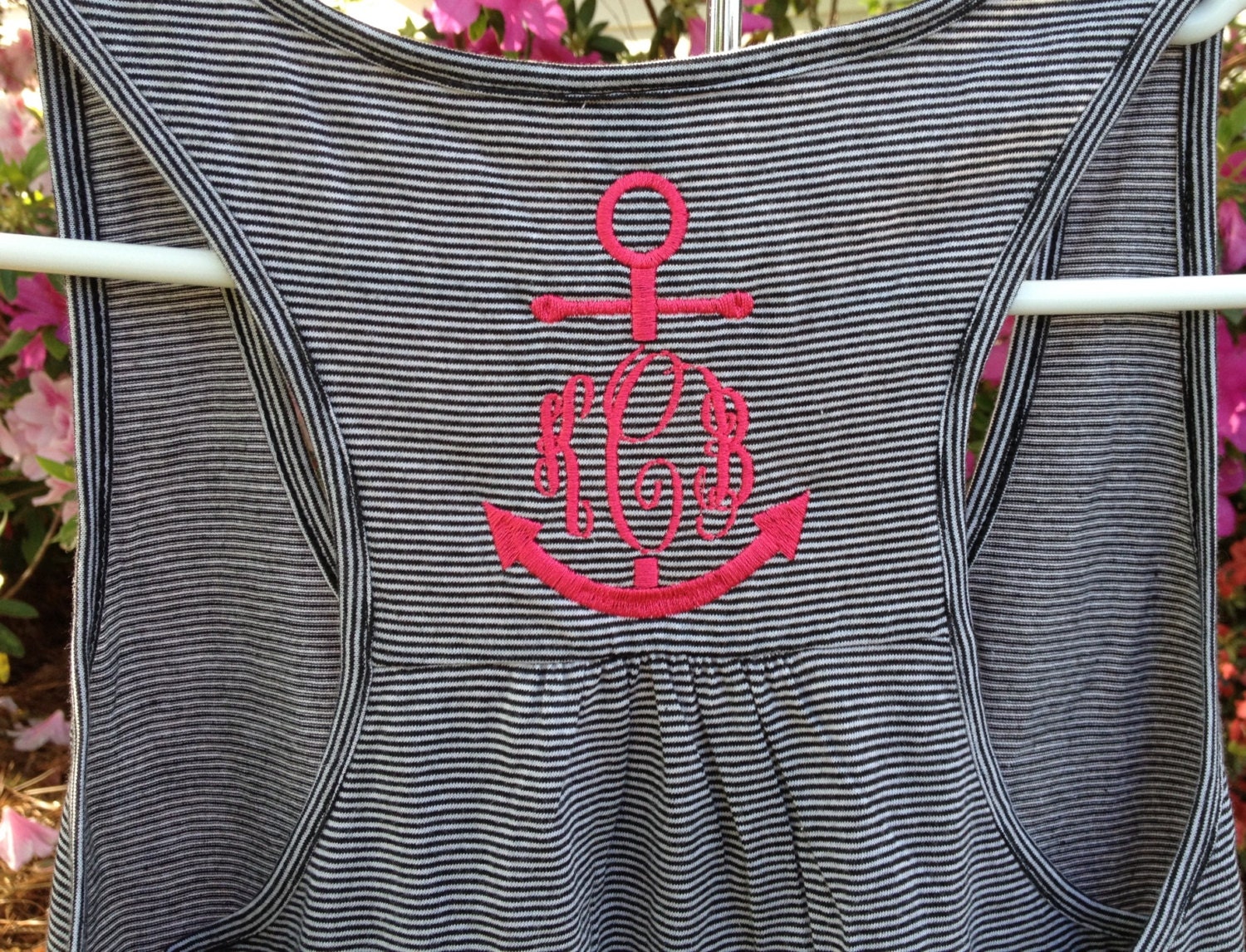 Monogrammed Racerback tank top anchor initials Coral, Black, or Navy Stripe
