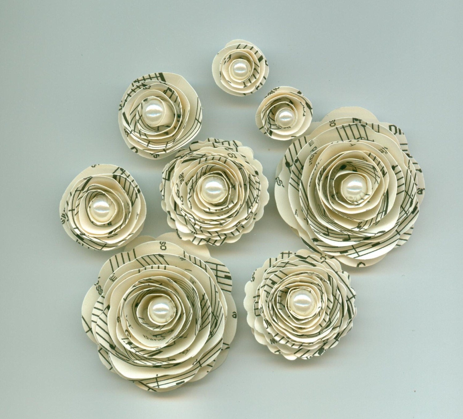 Music Note Rose Pearl Spiral Paper Flowers for Weddings, Bouquets, Events and Crafts