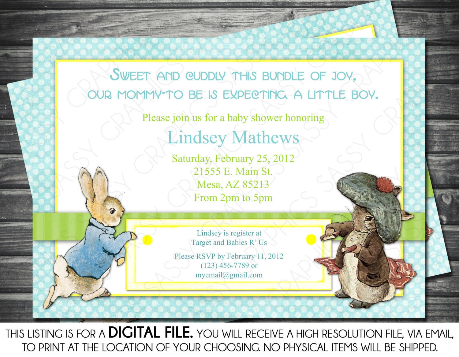 Boy Baby Shower Invitation Peter Rabbit by SassyGraphicsDesigns