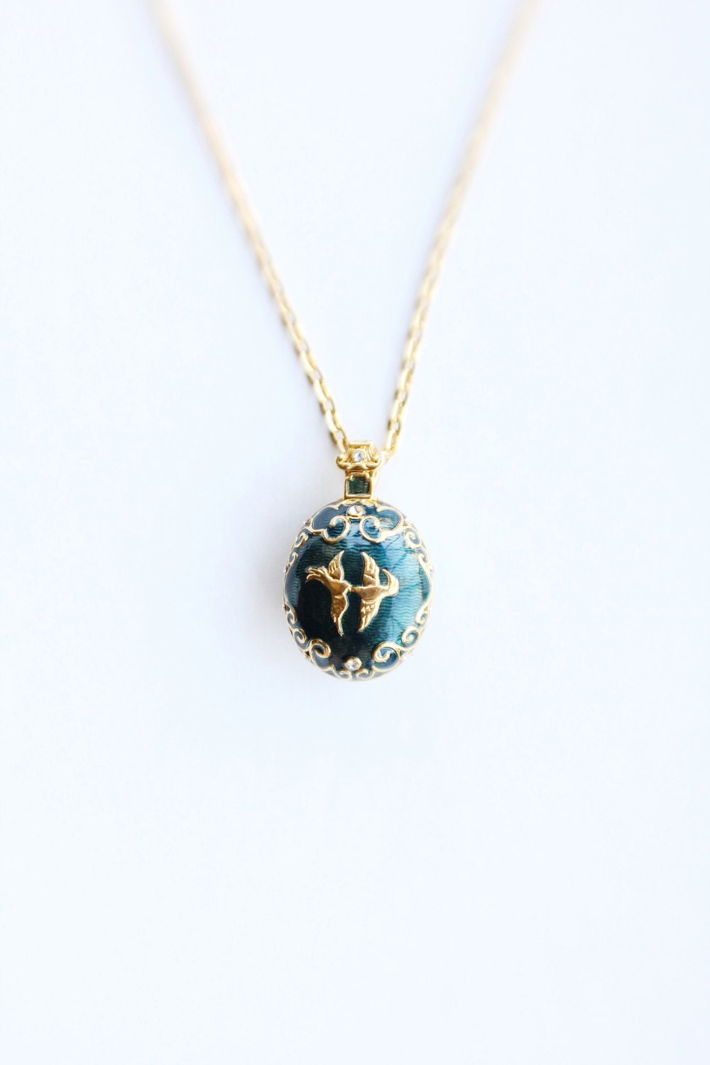 Vintage 90's Berebi Limited Edition Blue Green and Gold Guilloche Enamel Two Doves Locket Necklace
