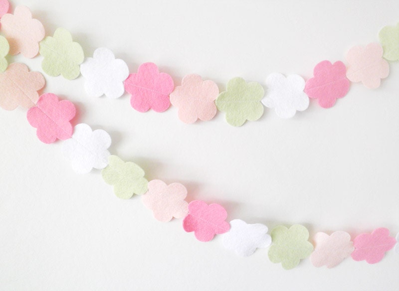 Pink Flower Garland - made with wool blend felt in pink, white and mint shades, perfect for kids room or birthday