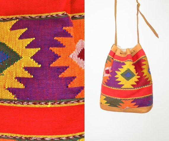 bohemian GUATEMALAN festival MULTICOLORED woven drawstring SHOULDER bucket bag