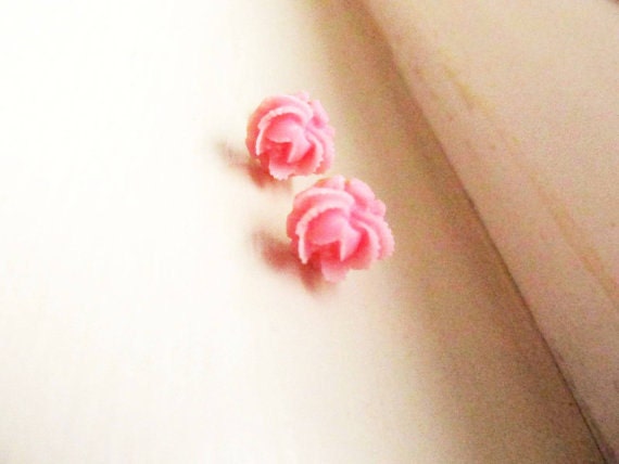 Hot Pink Floral Stud Earrings -Flower Earring Post-Little Tiny Cabbage Rose Posts- FREE SHIPPING
