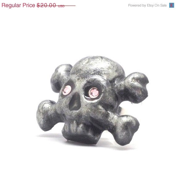 On Sale Large Skull Ring, Silver and Pink