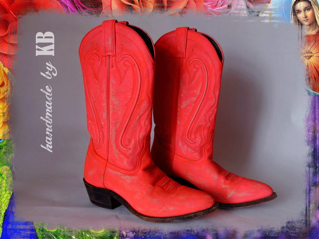 Neon Pink Cowboy Boots - Vintage Leather Size 7.5 Women's Boho