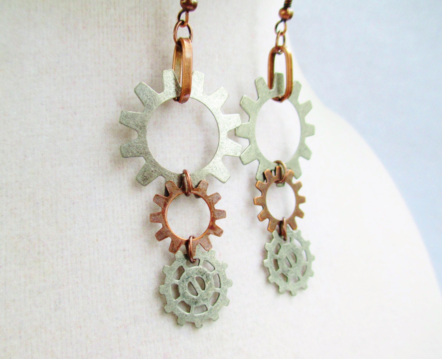 Steampunk Dangly Copper & Silver Gear Earrings