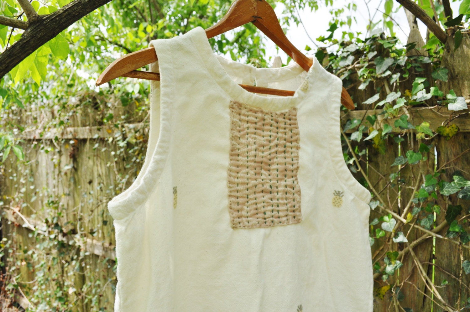 Boro Styled Cotton/Linen Tunic Top/ Womens Tunic Top/Sleeveless/ Small/Medium/Handstitched Applique/Upcycled Top