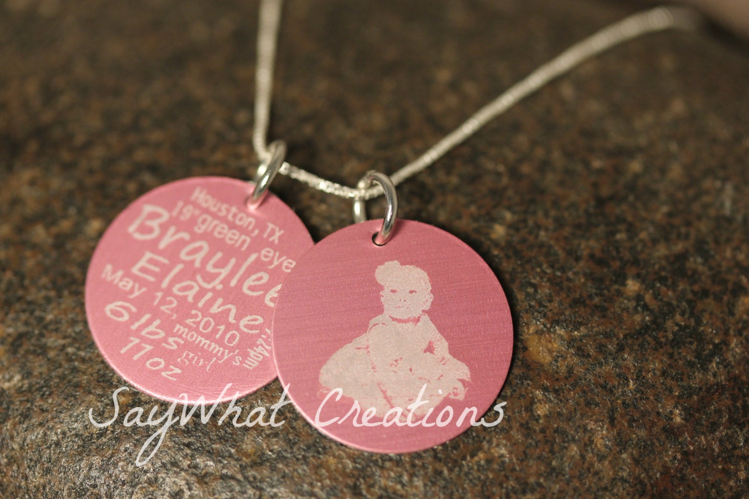 Custom Engraved Subway Art Style Necklace with your Child's Name and Birth information and Photo or Silhouette TWO DISKS