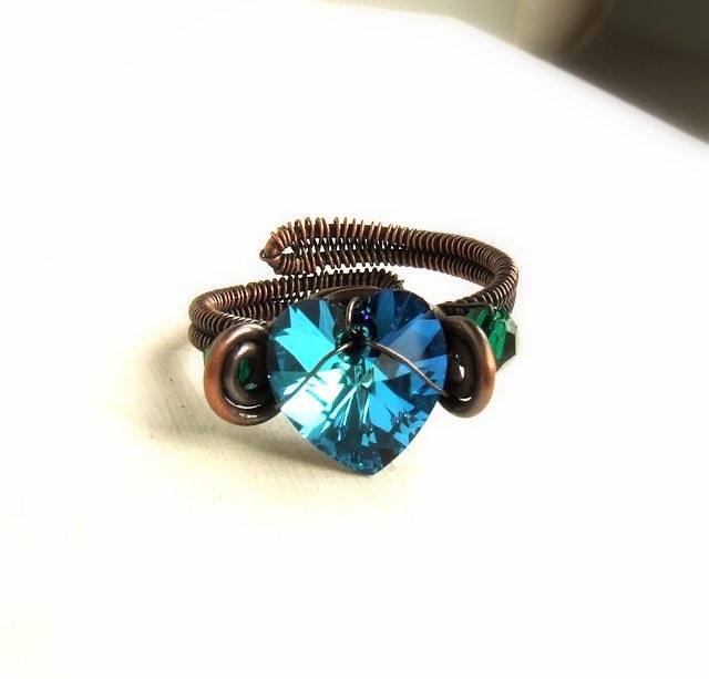 Blue heart ring, emerald green copper ring  antiqued rustic handmade jewelry with Swarovski crystals