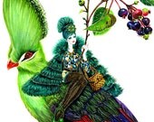 Flower Mood-Girl with green bird- Watercolor Fashion illustration
