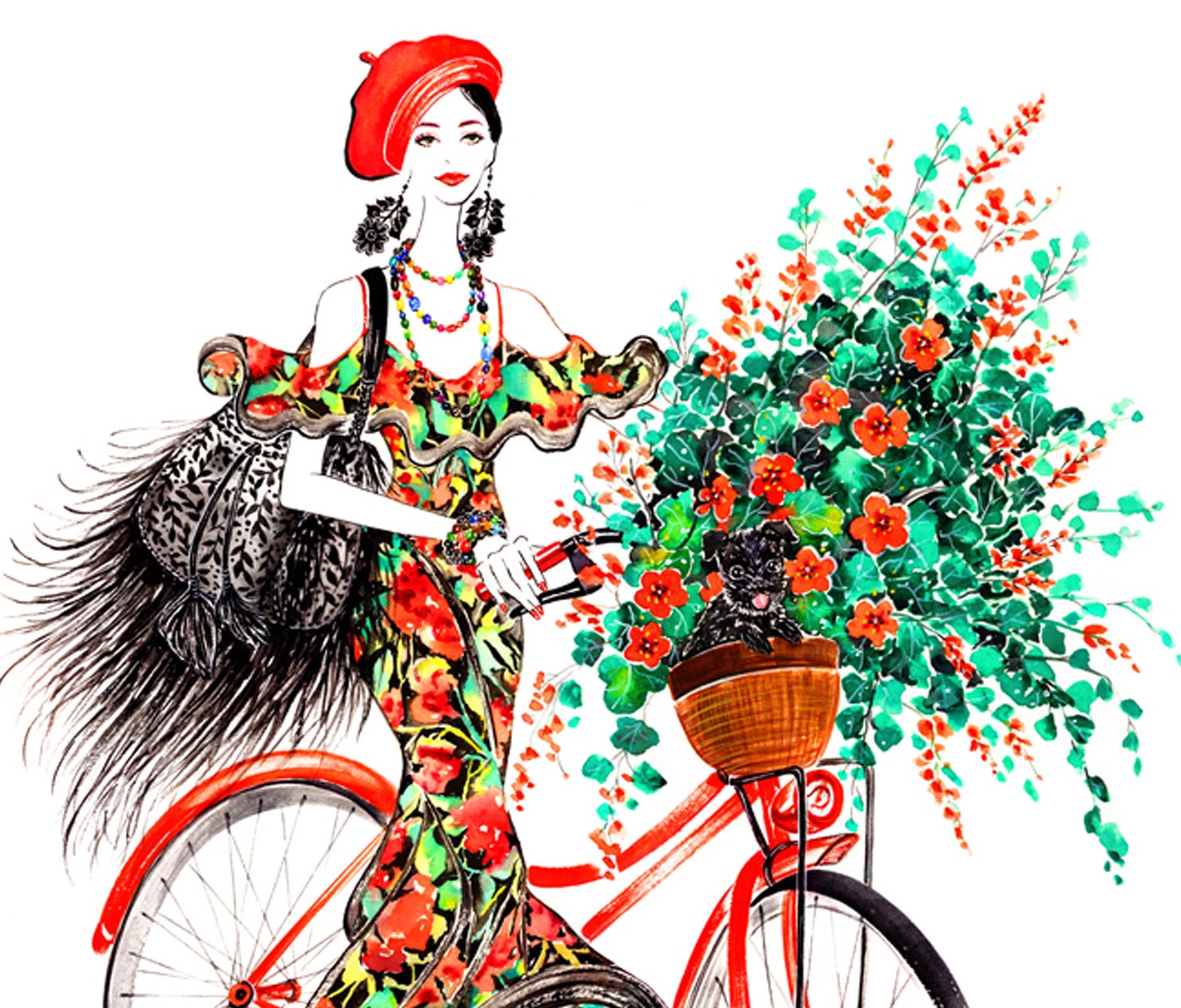 Bike Girl- Watercolor Fashion illustration