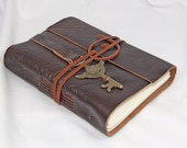 Brown Leather Journal with Winged Clock Key Charm Bookmark