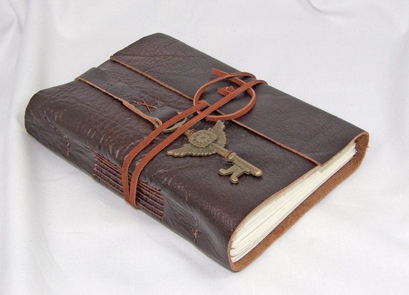 Brown Leather Journal with Winged Clock Key Charm Bookmark