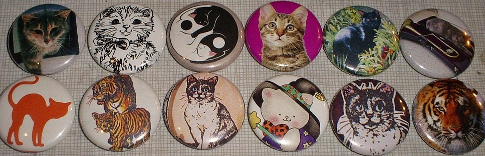 CAT LOVERS Grab Bag of 5 Buttons random one inch pin back buttons badge set (Shelter Donation)