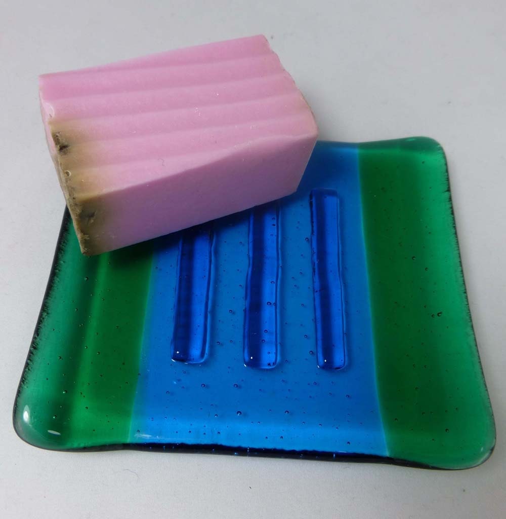 Fused Glass soap dish in Cool Ocean Aquamarine and Turquoise Blue with organic soap
