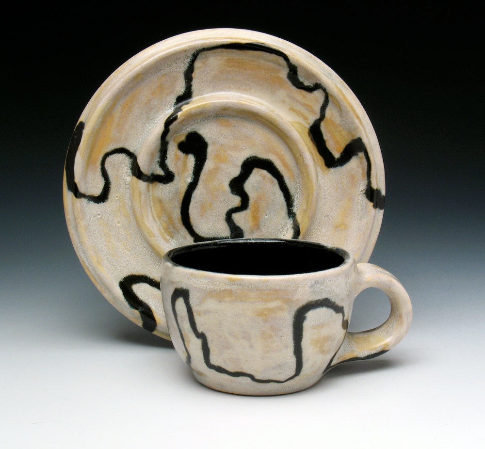 Abstract Modern Ceramic Cup and Saucer, Espresso Cup, Demitasse, Stoneware Ceramic