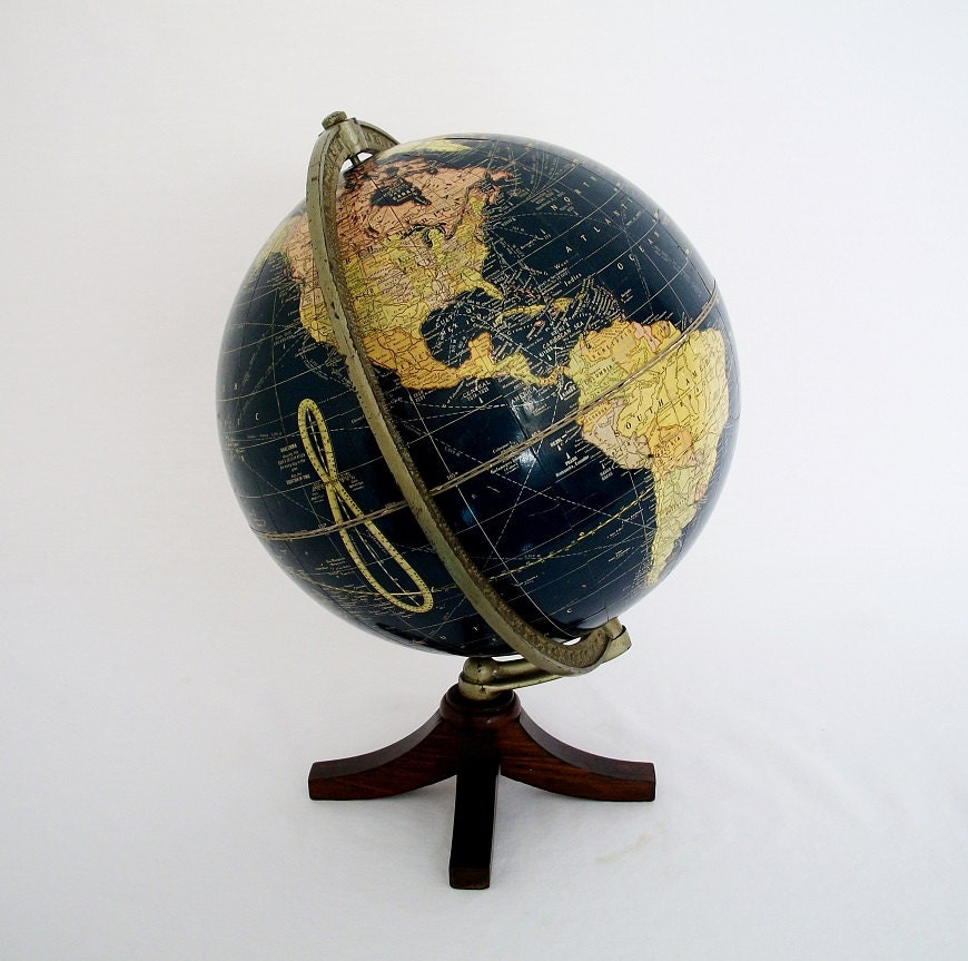 RESERVED for Prochefnyc - Vintage World Globe WWII Short Wave Stns. 10.5" Crams Very Early Black Oceans -  Extremely Scarce - Treasury Pick