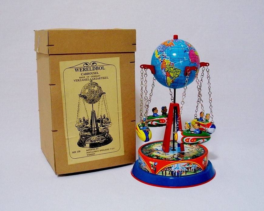 Vintage 1950'S  Blomer & Schuler Clockwork Tin Litho Swing Ride with Original Box