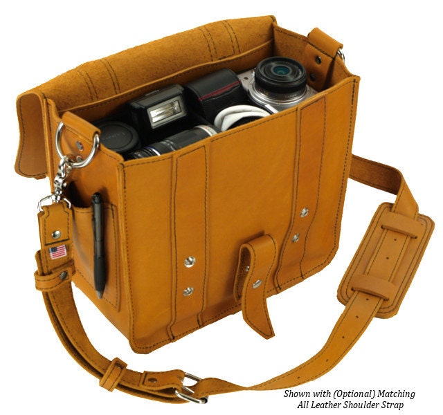 SALE NEW Small Leather Camera bag  - Sunrise Color Voyager Style - Handmade in the U.S.A. - 10"