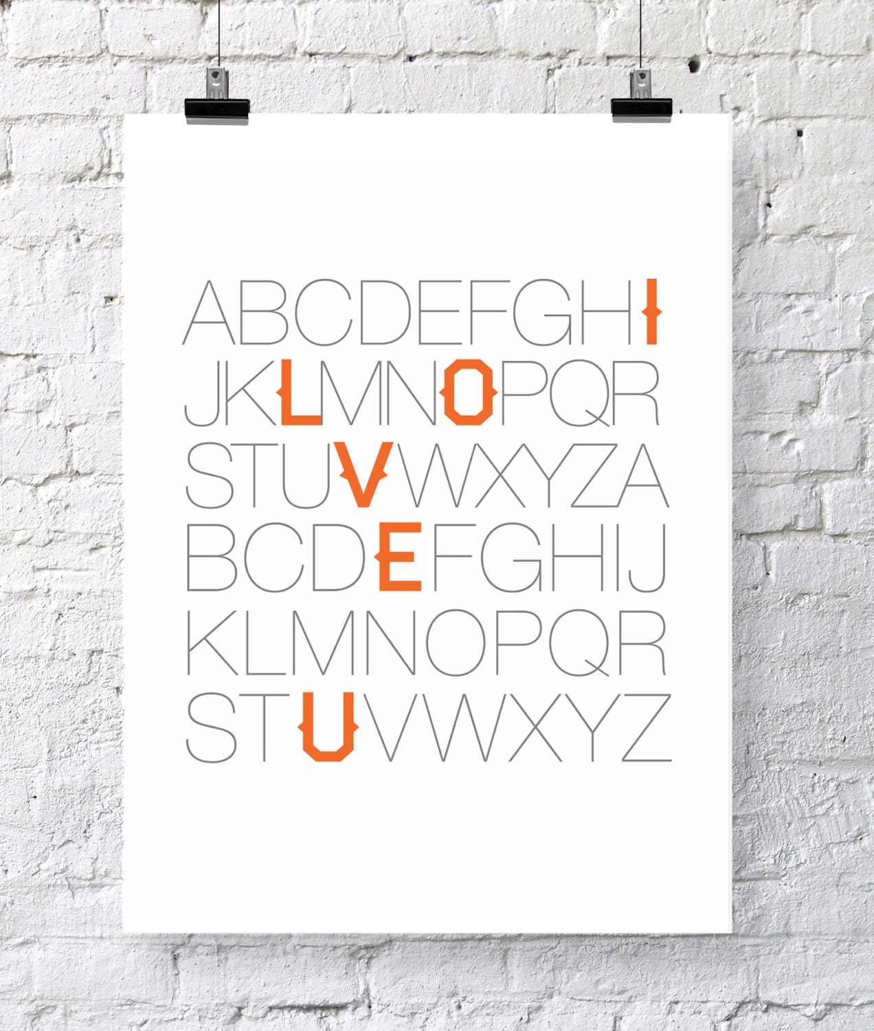 12x15 ABC Print. I Love You. Alphabet Love. Typography Mixed Fonts Print. Orange