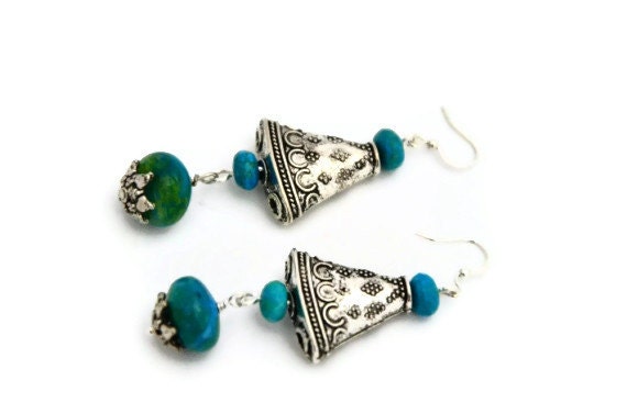 Triangle earrings  Ethnic jewelry Silver long dangles sea green bluish
