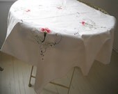 cotton table cloth small vintage linens cottage decor shabby chic embroidered table cloth floral cottage country farmhouse decor