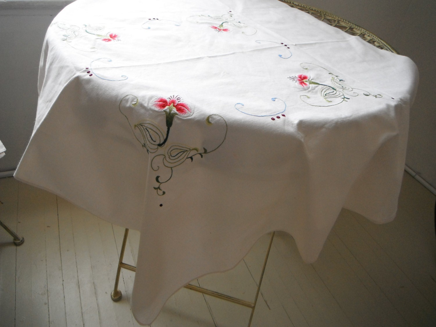 cotton table cloth small vintage linens cottage decor shabby chic embroidered table cloth floral cottage country farmhouse decor