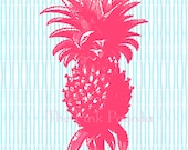 Coral Pineapple on Turquoise Bamboo Stripe Giclee 11x14