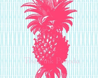 Coral Pineapple on Turquoise Bamboo Stripe Giclee 11x14