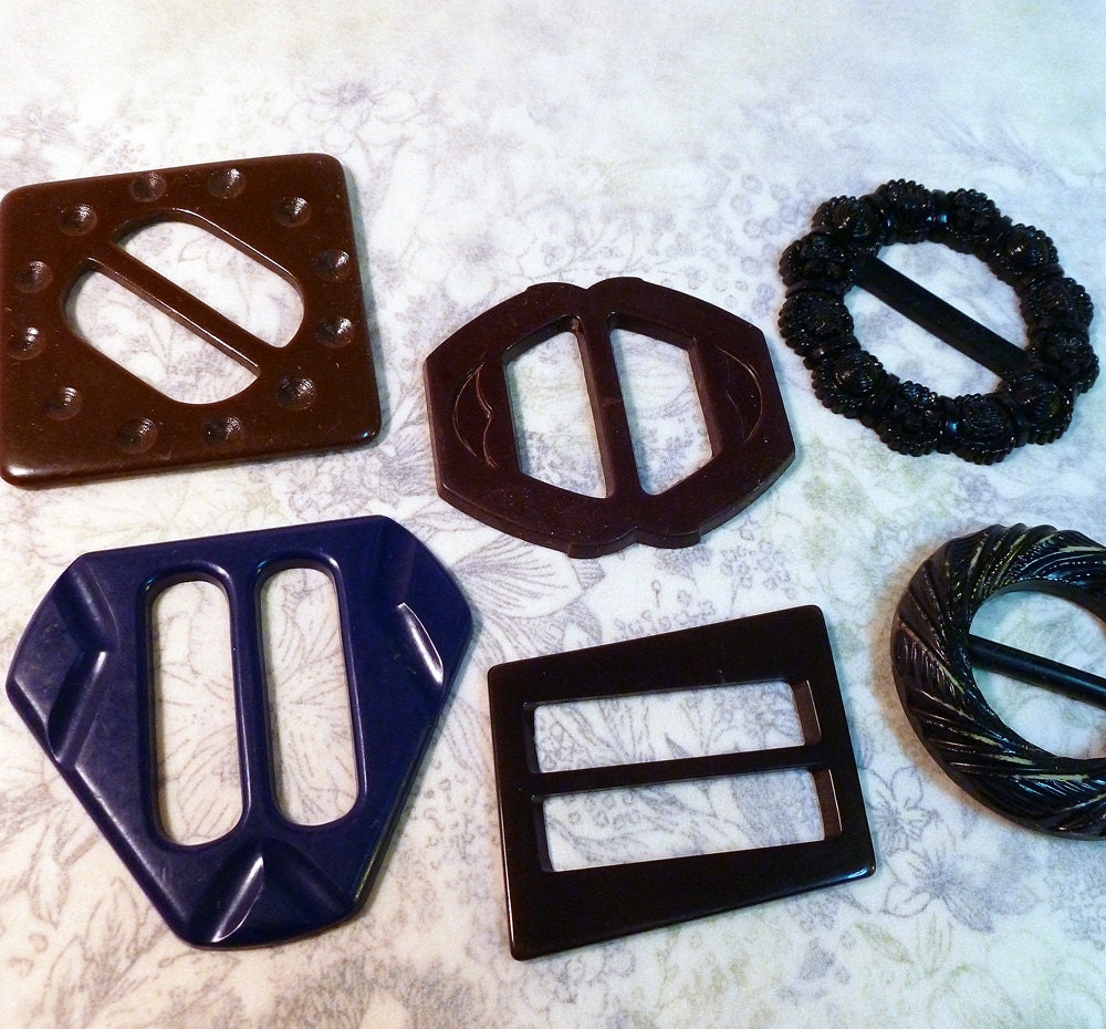 Vintage Plastic Buckles in Blue, Brown and Black