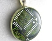 SALE Circuit Board Necklace -- Green, Round Domed -- Techno Chic