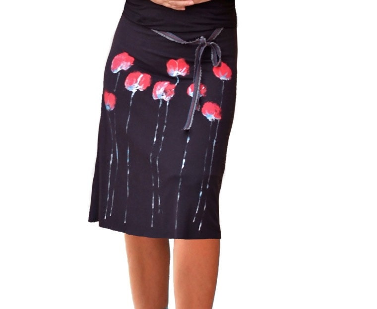 Red flowers art painted skirts/little black dresses/Handmade applique bottoms/gift ideas
