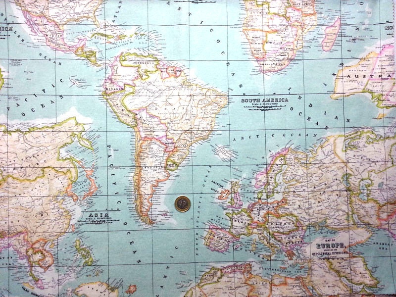 World map printed in mint heavy weight vilber linen upholstery fabric-Half Yard