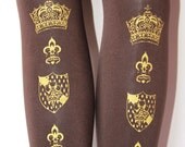 Crown Print Warm Tights Gold on Brown Small Medium Womens Victorian Royal Medieval Lolita