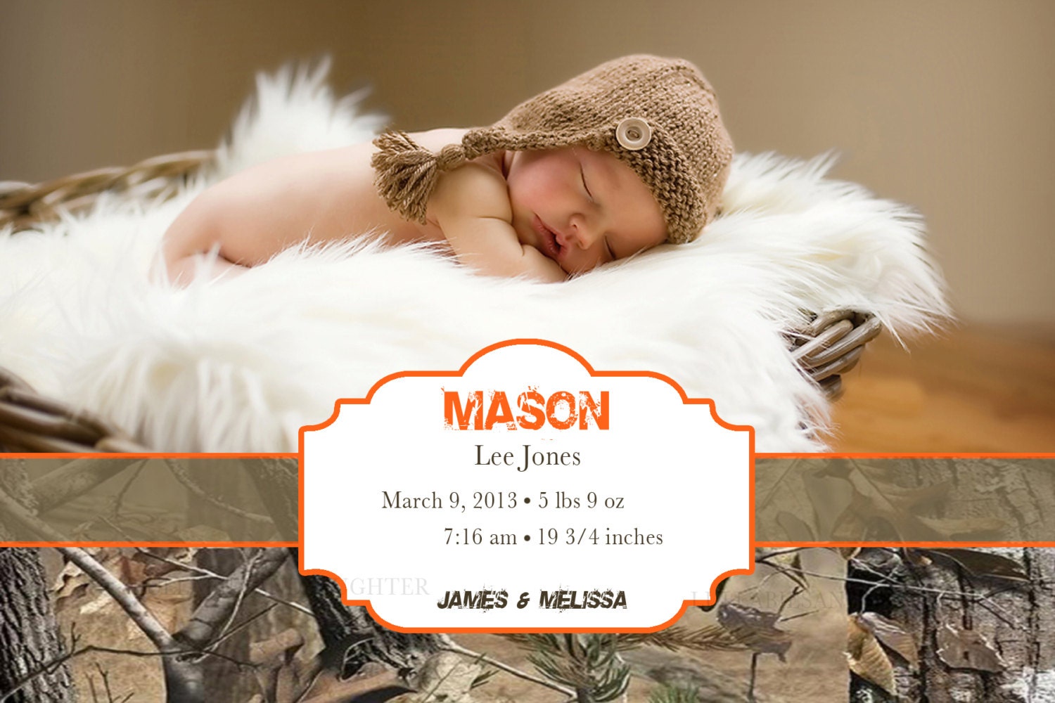 Real Tree Camo Birth Announcement / Camo Photo Birth Announcement Girl or Boy Invitation / Camo Birthday Digital File 4x6