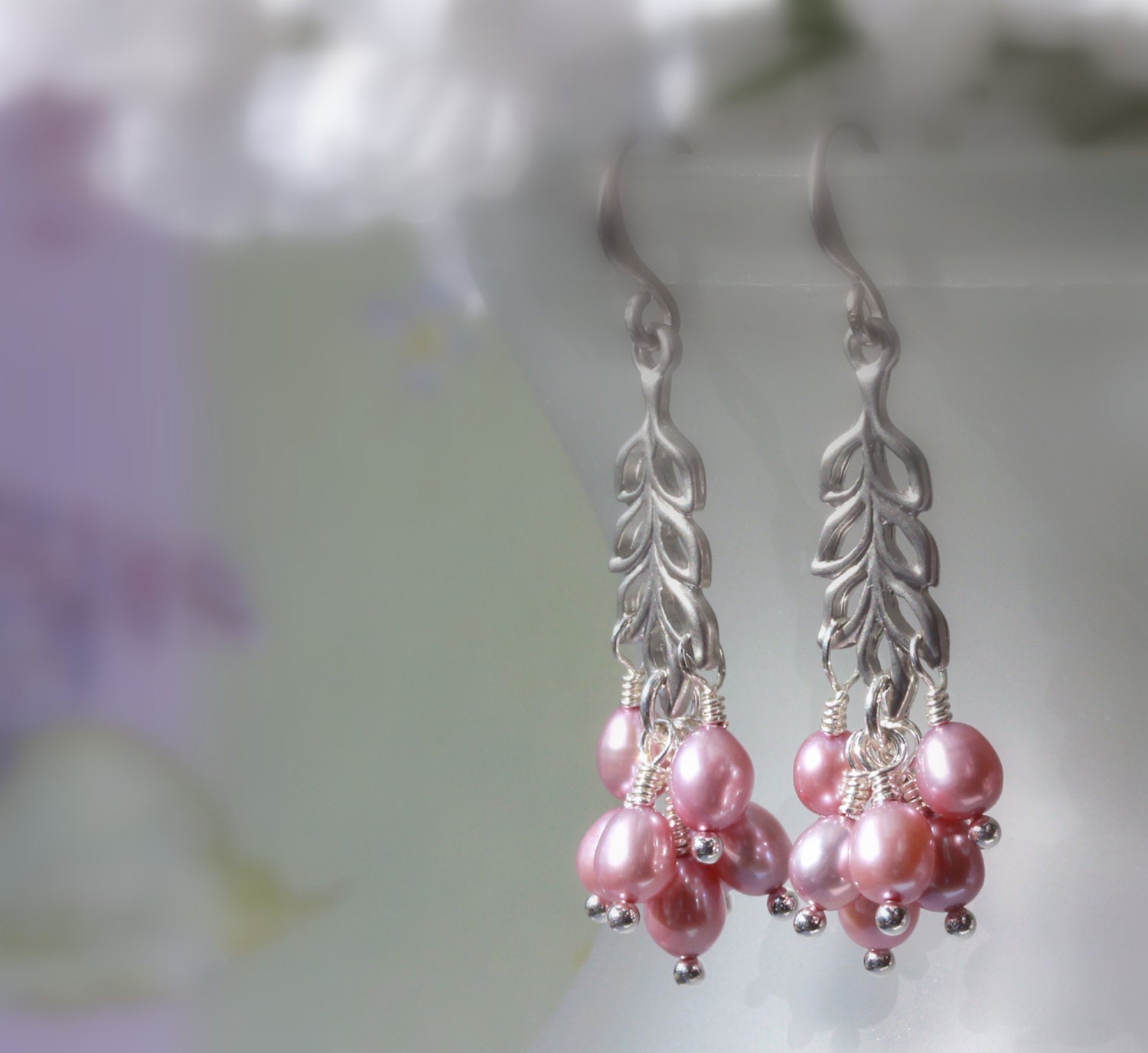 Lilac Pearl Drop Earrings, Dangle Earrings, Chandelier Earrings, Pearl Earrings, Cluster Earrings, Birthday, Anniversary, Bridal Jewelry