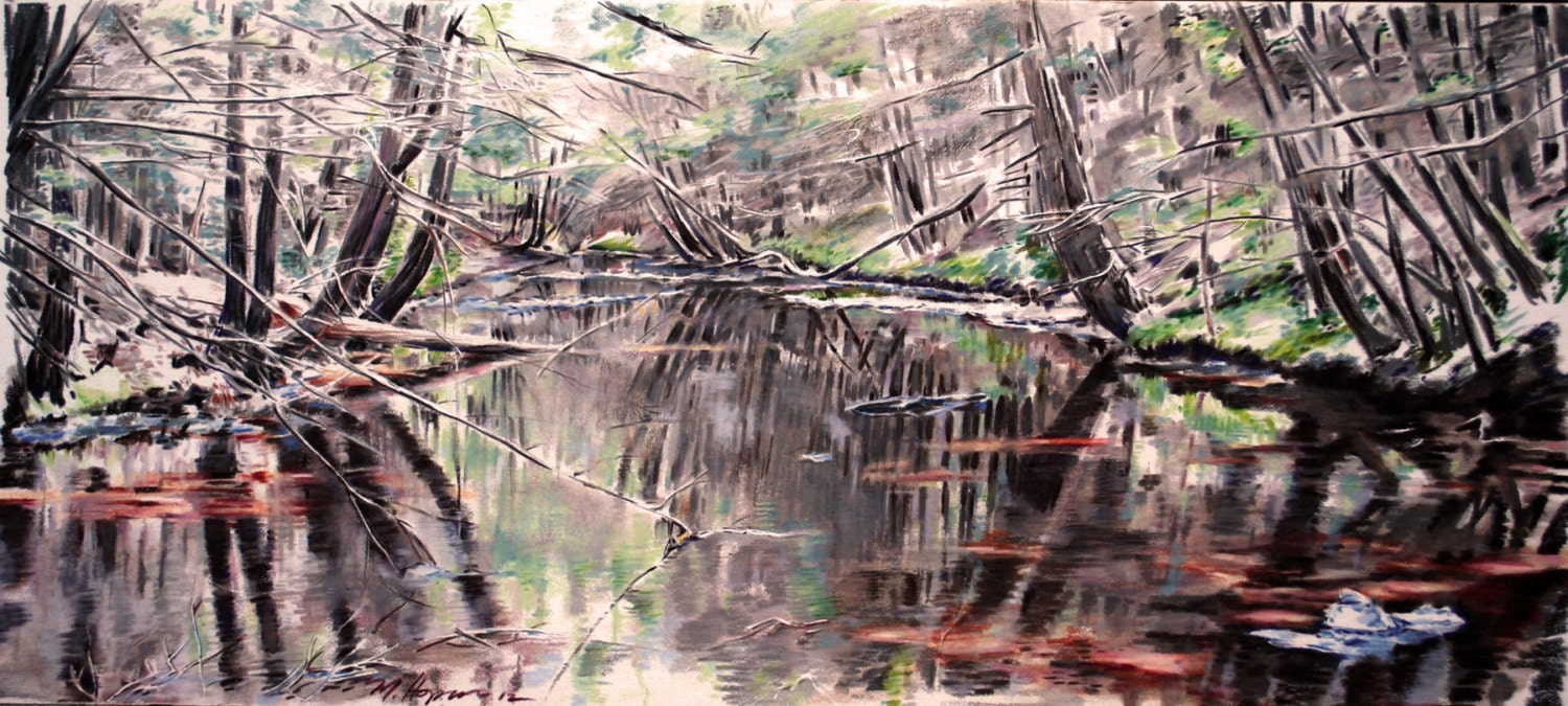 Creekscape, Framed Original Colored Pencil Painting By Margi Hopkins of Pepper Portraits LLC.