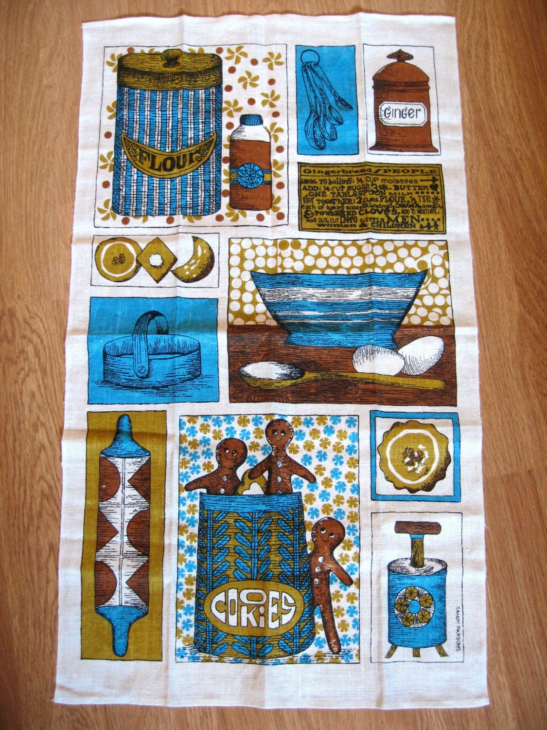 Ginger. Lovely retro kitchen towel, linen, baking, bakers, foodie. Gingerbread men, excellent condition.