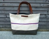 recycled antique linen carry all/tote bag with oiled leather handles and waxed canvas bottom
