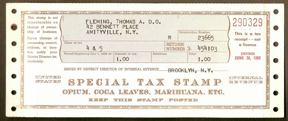 Vintage 1960 NY Opium Coca Leaves & Marijuana Marihuana Medical Doctor's Government Tax Stamp Drug Store Pharmacy Amityville Brooklyn NY