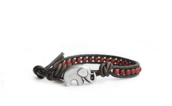 Milk Chocolate Brown Beaded Leather Wrap Bracelet - the lucky elephant Original with Good Luck Elephant Button