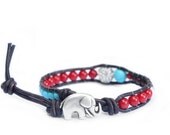 Turquoise & Red... Beaded Leather Wrap Bracelet with Rhinestone Pave Ball - the Lucky Elephant original with GOOD LUCK ELEPHANT
