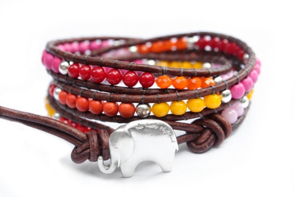 925 Sterling Silver GOOD LUCK ELEPHANT Button... Pink, Yellow, Orange, Red Beaded Leather Wrap Bracelet - the Lucky Elephant Exclusive
