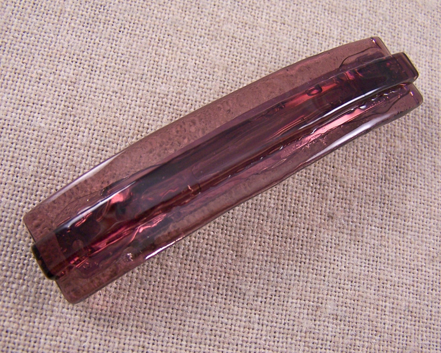 Tiffany Fused GLASS Hair BARRETTE 3.5" 9cm Mauve Pale Plum Pink Purple Textured Stripe Transparent Glass