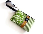 Cell Phone Wristlet, iPhone Samsung Phone Zippered Gadget Pouch, Lime Green Damask