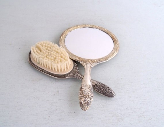 Vintage Silver Hand Mirror and Brush Set by MoxieRevival on Etsy