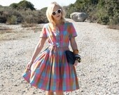 Vintage 50s Dress / 1950s Cotton Dress / Colorful Checkered Dress w/ Waist Tie M