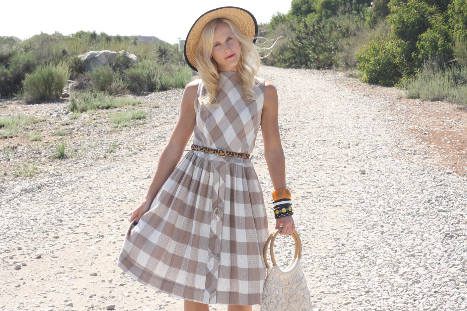 VTG 1950s 50s Tan and White Checkered Dress w/ Pleated Skirt M/L
