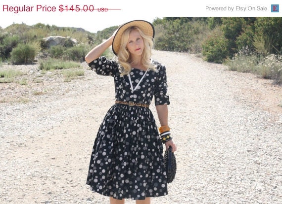 20% Off MEMORIAL DAY SALE Vtg 1950s 50s Black/White/Gray Cotton Geometric Full Skirt Dress M